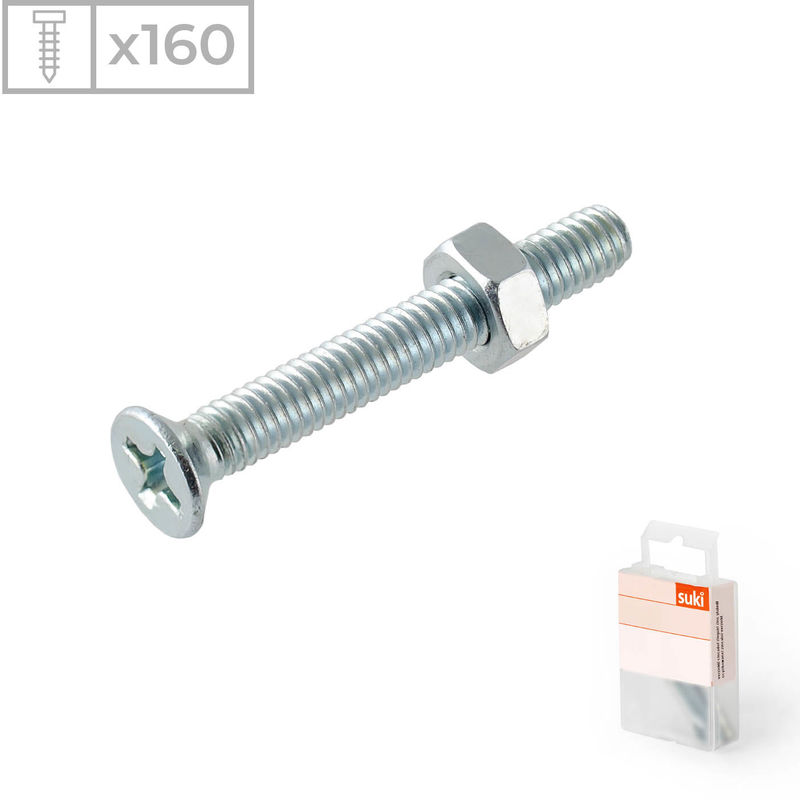 

Suki - 160 Tornillos con cabeza avellanada y tuerca fabricado en acero zincado, medidas 3x16mm