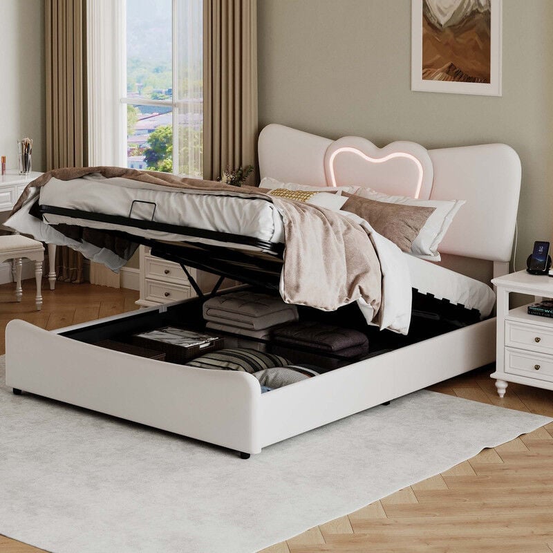 160 x 200 lit enfant 2 personnes avec sommier, lit fille avec led et usb, tête de lit au design raffiné, velours, lit coffre avec sommier, beige