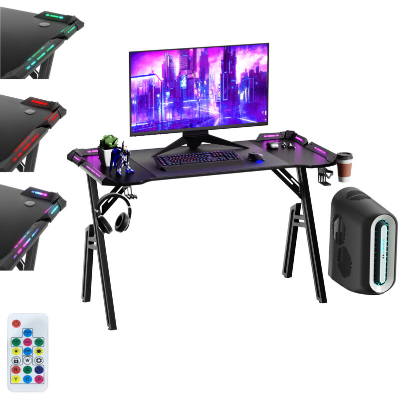 Hengmei - 160 x 60 cm A-Frame Gaming Table Bureau de jeu avec led rgb réglable, porte-boissons, crochets pour écouteurs & repose-pieds réglables