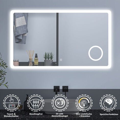 160 x 80 cm Badspiegel Wandspiegel Badezimmerspiegel LED Touch Beleuchtung Beschlagfrei+Kosmetikspiegel+3 Farben Dimmbar+LED Memory Funktion