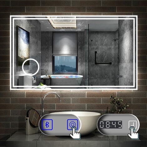 160 x 80 cm LED+Beschlagfrei+Bluetooth+Uhr+3 Lichtfarben Dimmbar+Kosmetikspiegel