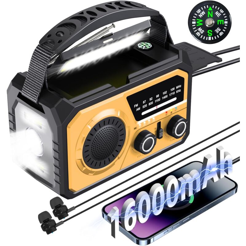 16000 Radio Solaire d'urgence,Ra dio Portative Manivelle,AM/FM Radio Solaire avec Boussole,Chargeur de Téléphone USB,Lampe de Poch,Alarme SOS pour