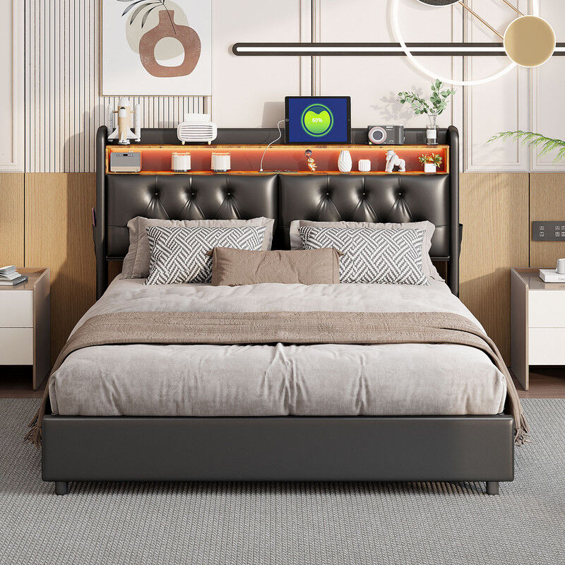 180200cm Cadre de lit king size avec rangement, cadre de lit king size avec station de recharge et éclairage LED en tête de lit, hydraulique sans