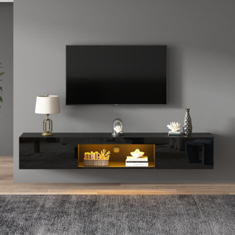 1603122 cm Armoire suspendue brillante, meuble TV et armoire TV avec éclairage LED, meuble bas, table TV, meuble TV, commode TV, support TV mural, pour TV 70 pouces, capacité de charge 35 kg, noir