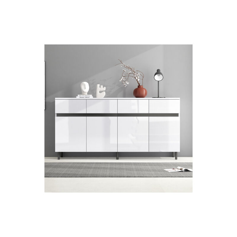 1604068cm Buffet brillant, commodes, commodes à tiroirs avec 4 tiroirs2 portes et étagères réglables en hauteur,Buffet brillant,blanc