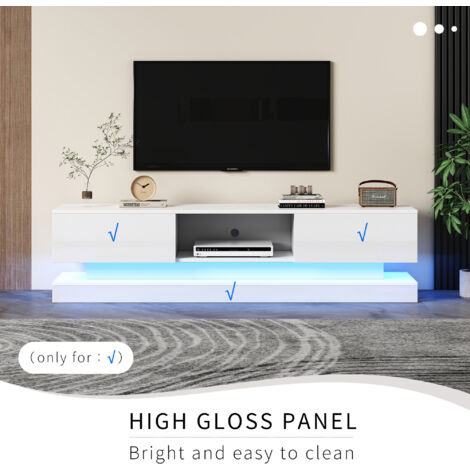 160CM TV Stand Cabinet High Gloss TV Stand with LED Lights for Living Room, White, 2 Drawers and 1 Open Storage Space