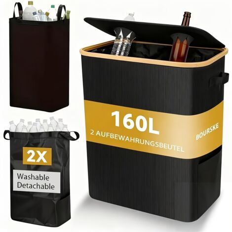 160L Bottle Recycling Bin with Lid & 2 Reusable Pouch, Gray