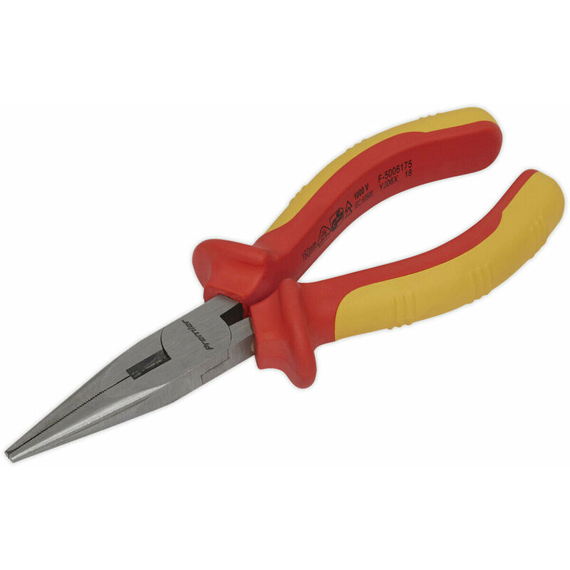 160mm Long Nose Pliers - Serrated Jaws - Hardened Cutting Edges - vde Approved