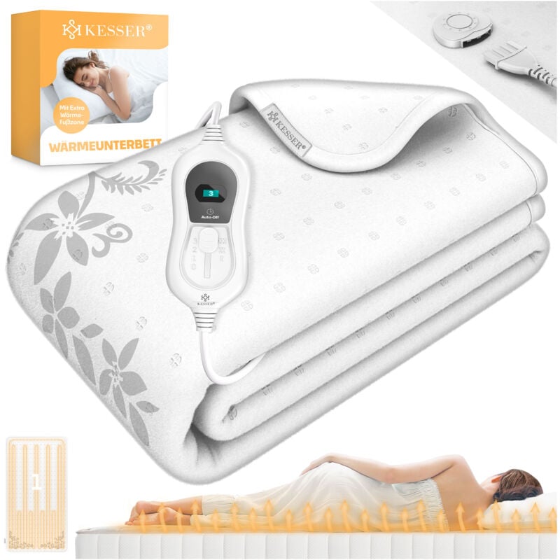 Kesser - Sous-lit chauffant avec arrêt automatique Télécommande Avec 3 niveaux de température Pour chauffage de matelas Blanc - Avec motif/150x80cm