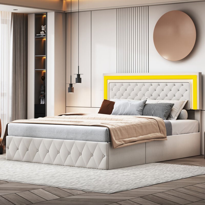 Lit coffre 140 x 200 cm,lit 2 Personnes led avec rangement,cadre de lit avec sommier à lattes,tête de lit réglable en hauteur,tissu velours,beige