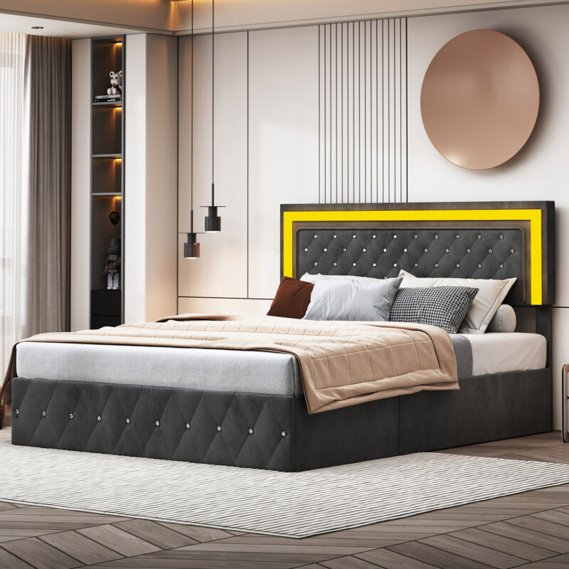 Lit coffre 140 x 200 cm,lit 2 Personnes led avec rangement,cadre de lit avec sommier à lattes,tête de lit réglable en hauteur,tissu velours,noir