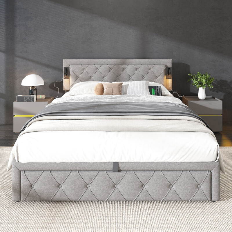 Gutent - 160x200 Lit tapissé avec éclairage d'appoint et port usb, lit de rangement, double, lin, gris