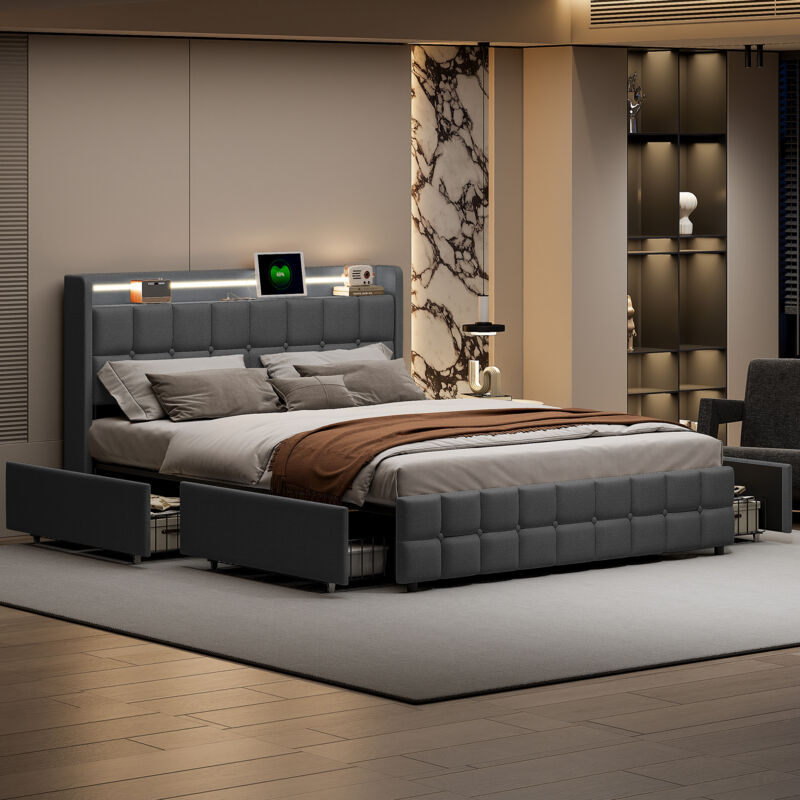 160x200cm Lit double capitonné, lit adulte led avec tiroirs et chargeur usb, lit de rangement avec lumières led réglables, lit en bois avec sommier à