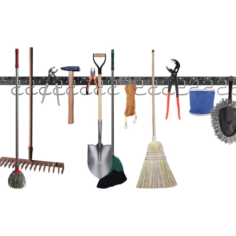 162cm Système de Rangement Réglable, Porte-Balai, Support Mural Cintre de Rangement, avec 16 Crochets Mural 4 Rails, Rangement Outil Mural de Garage