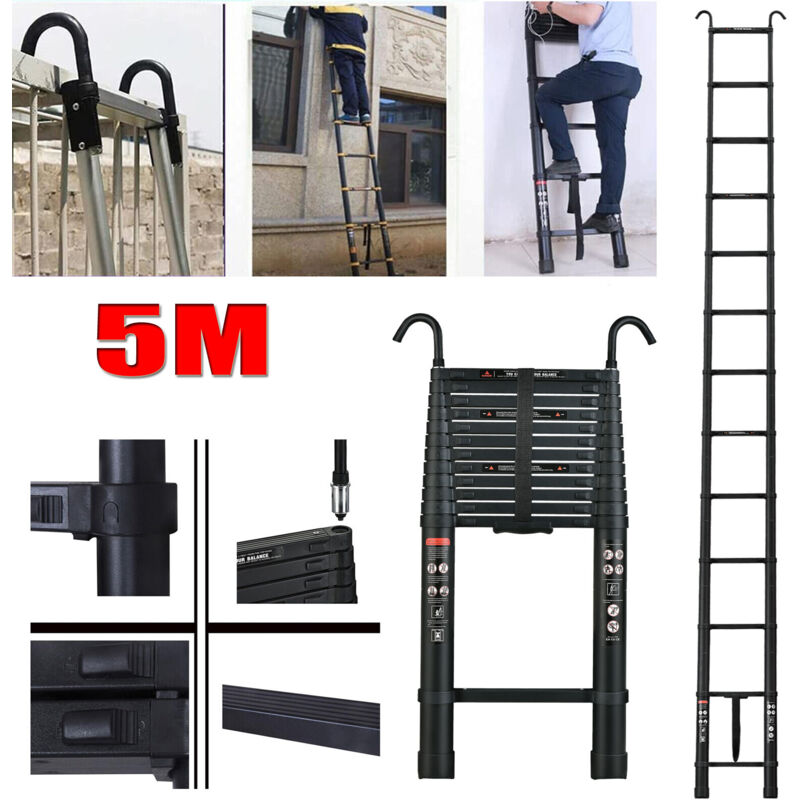 16.4FT 5M Aluminum Telescopic Ladder Home Loft Ladder ,2 Detachable Hook Safety