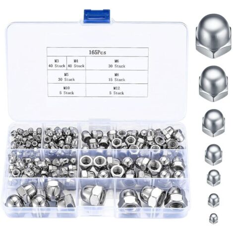 165 Pièces Écrous Borgnes en Acier Inoxydable, Écrous Blocages Hexagonaux à Tête Kit, M3/M4/M5/M6/M8/M10/M12 Assortiment d'écrous Tête Hexagonaux