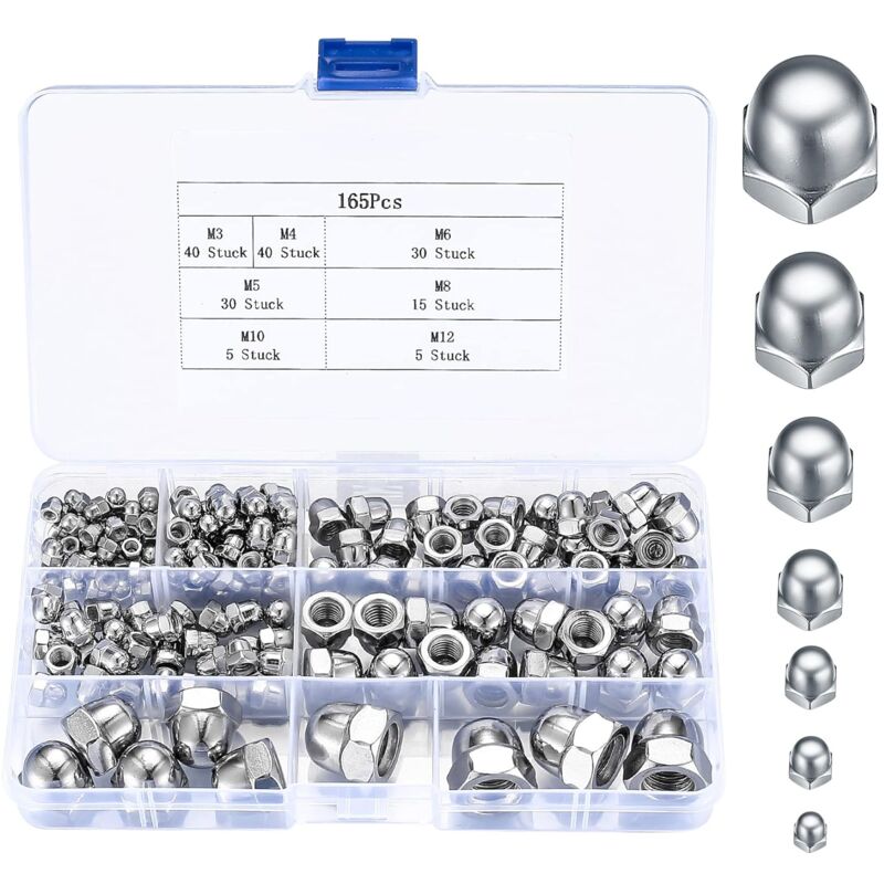 165 Pièces Écrous Borgnes en Acier Inoxydable, Écrous Blocages Hexagonaux à Tête Kit, M3/M4/M5/M6/M8/M10/M12 Assortiment d'écrous Tête Hexagonaux