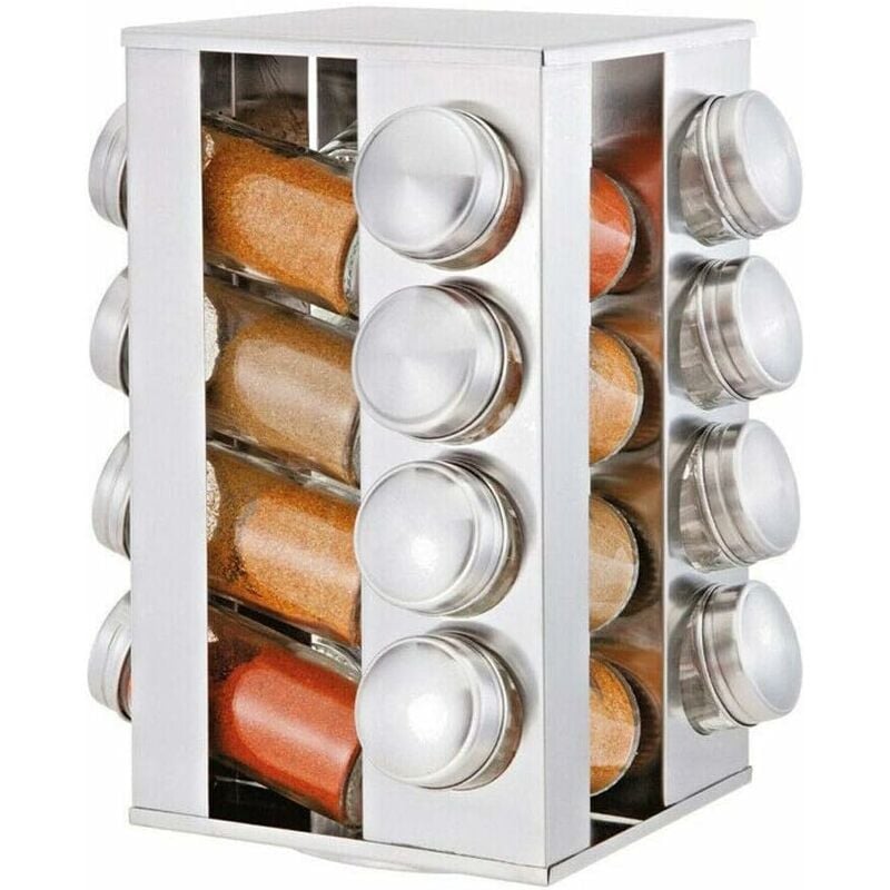 16,5 x 16,5 x 24,5 cm - En acier inoxydable - Support à épices rotatif pour cuisine - Surface lisse - Avec 16 pots