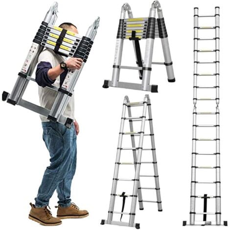 16.5FT Aluminium Teleskopleiter (2.5+2.5M)5M Mehrzweck Ausziehbare Trittleiter A-Rahmenleiter Schwere 150kg Tragfähigkeit