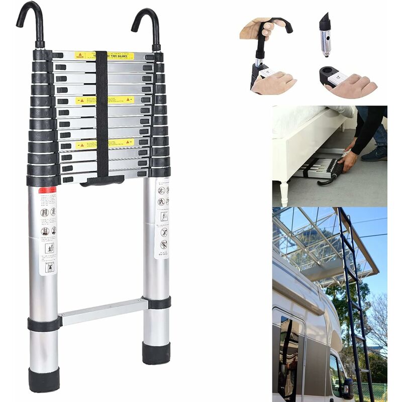 16.5ft/5M Telescoping Ladder, Straight Portable Telescopic Extension Ladder with Hook 300LBS Capacity, Heavy Duty Aluminum, for Outdoor and Indoor
