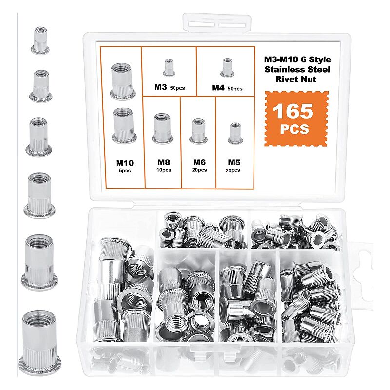 Memkey - 165Pcs Stainless Steel Rivet Nut Tool Flat Head Threaded Rivet Nut Cap Assortment Kit M3 M4 M5 M6 M8 M10 Types of Nuts (6 Types 165Pcs