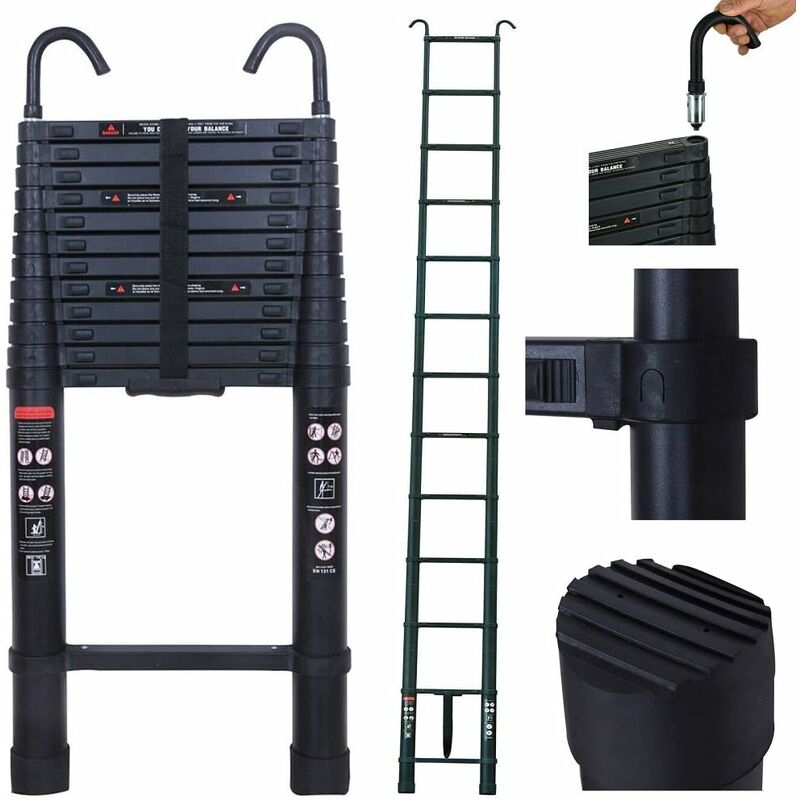 Briefness - 16FT Telescoping Ladder Aluminum Telescopic Extension Ladder with 2 Detachable Hooks, 2.8 Roof Hooks, Collapsible Ladder Fully Extended