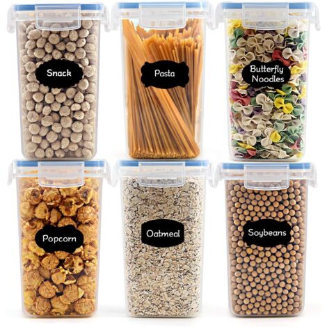 1.6L botes de Conservation Alimentaire sans BPA de Nourriture en Plastique avec Couvercle, Botes à céréales Ensemble De 6  étiquettes,pour Céréales,Farine (Bleu),
