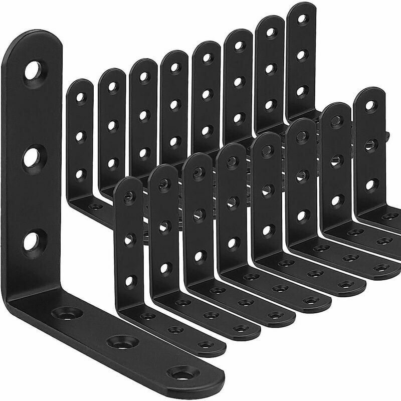 16pcs Équerre de Fixation Noir en Métal 100x100mm, 90 Degrés Equerre de Fixation Bois, Equerre Metal pour Etagère de Bois Meuble Chaise Table