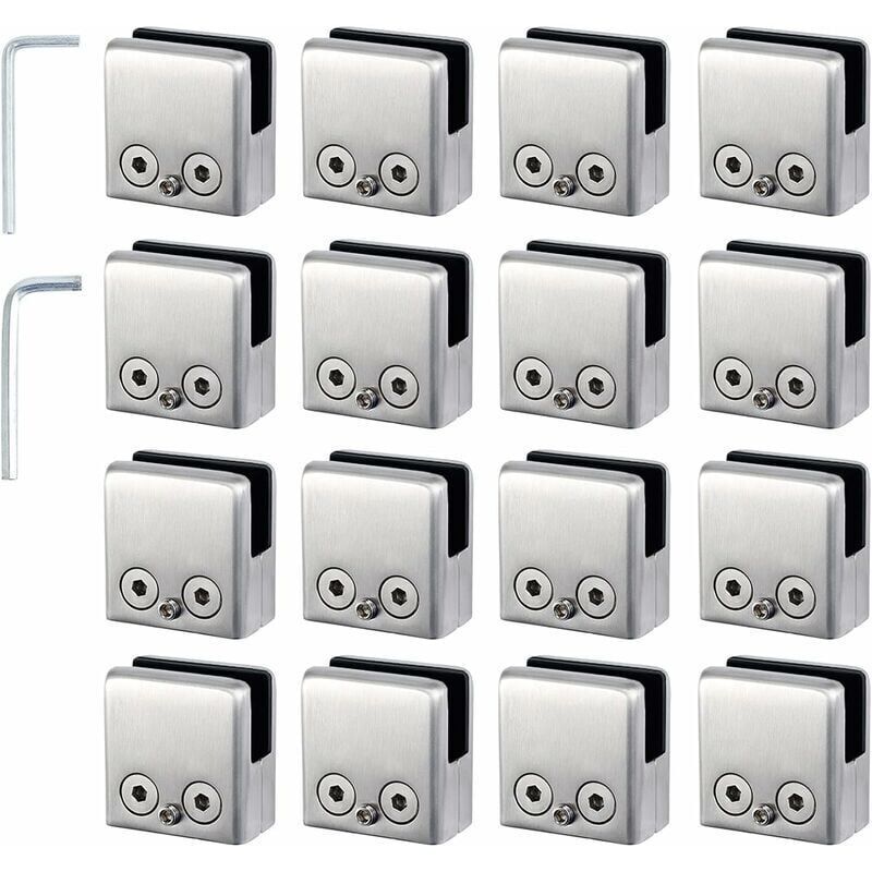16pcs Glass Clamps 8-10mm Glass Support in Stainless Steel Clamps Stop Square Shaped Glass 8-10mm with 2 Hex Keys for Stair Railing