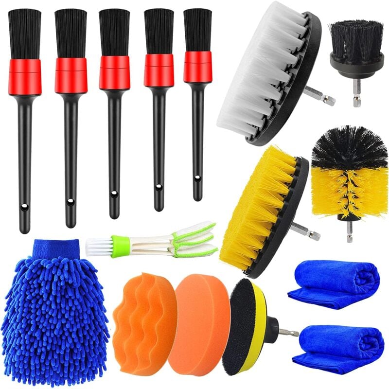 16Pcs Lot de Brosse Nettoyage Voiture,Pinceau Detailing Auto,Kit de Brosse Nettoyage Voiture Interieur Exterieur,Brosse Nettoyage Perceuse