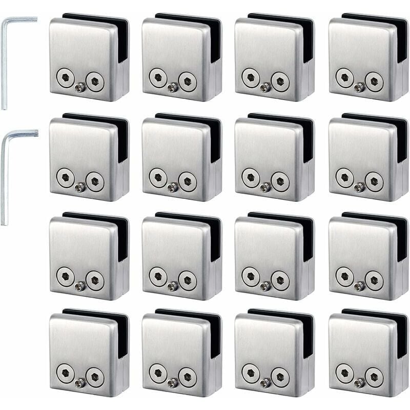 Ikodm - 16pcs Pinces à Verre 8-10mm Support Verre dans Pinces en Acier Inoxydable Arrêtez Verre de Forme Carrée 8-10mm avec 2 Clés Hexagonales pour