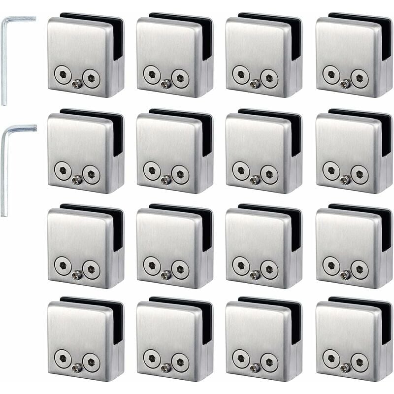 16pcs Pinces à Verre 8-10mm Support Verre dans Pinces en Acier Inoxydable Arrêtez Verre de Forme Carrée 8-10mm avec 2 Clés Hexagonales pour