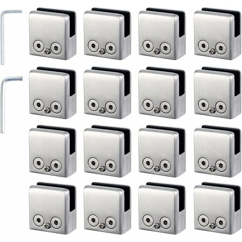 16pcs Pinces à Verre 8-10mm Support Verre dans Pinces en Acier Inoxydable Arrêtez Verre de Forme Carrée 8-10mm avec 2 Clés Hexagonales pour
