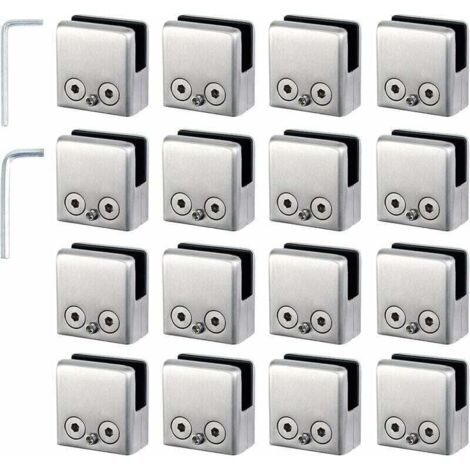 16pcs Pinces à Verre 8-10mm Support Verre dans Pinces en Acier Inoxydable Arrêtez Verre de Forme Carrée 8-10mm avec 2 Clés Hexagonales pour Balustrade d'Escalier