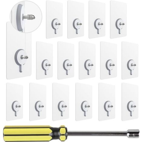 16PCS Vis Adhésives Détachables Transparent avec Tournevis à Douille, Clous de Suspension Auto-Adhésifs avec Barre à Visser de 10mm, Sans Percer pour Salle de Bains Cuisine
