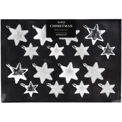 16tlg Weihnachtskugel Set Sterne Silber-CAN303110-Silber
