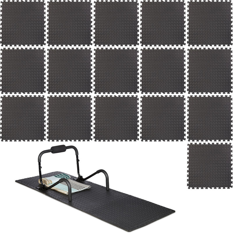 Relaxdays - 16x Tapis de protection sol dalle amortissante son fitness noir 60 x 60 cm, 3m² set de 8, 1cm épaisseur, noir