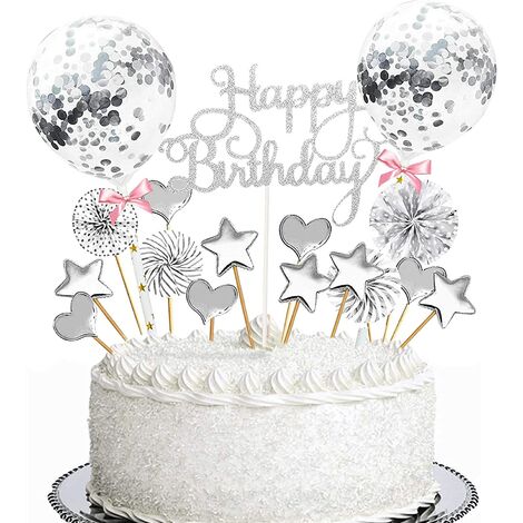 17 pièces Decoration Gateau Anniversaire,Joyeux Anniversaire Cake Topper,Cake topper gâteau d'anniversaire,Happy Birthday Cake Topper,pour Décorer Gâteau d'anniversaire Fête (Argent)