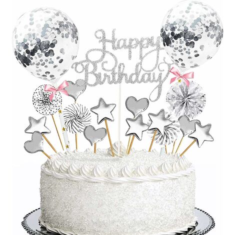 17 pièces Decoration Gateau Anniversaire,Joyeux Anniversaire Cake Topper,Cake topper gâteau d'anniversaire,Happy Birthday Cake Topper,pour Décorer Gâteau d'anniversaire Fête (Argent)