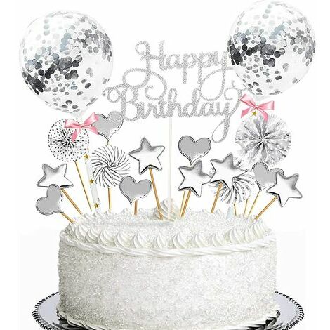 17 pièces Decoration Gateau Anniversaire,Joyeux Anniversaire Cake Topper,Cake topper gâteau d'anniversaire,Happy Birthday Cake Topper,pour Décorer Gâteau d'anniversaire Fête (Argent) - NZQGJ