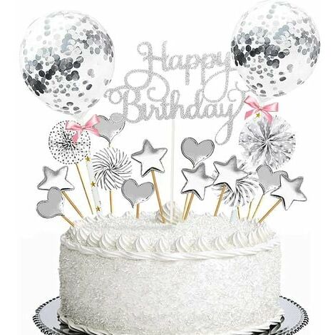 17 pièces Decoration Gateau Anniversaire,Joyeux Anniversaire Cake Topper,Cake topper gâteau d'anniversaire,Happy Birthday Cake Topper,pour Décorer Gâteau d'anniversaire Fête (Argent) Y6Z1QOCL