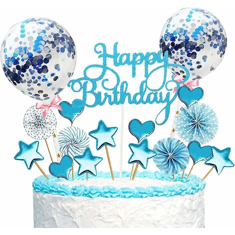 17 pièces Decoration Gateau Anniversaire,Joyeux Anniversaire Cake Topper,Cake topper gâteau d'anniversaire,Happy Birthday Cake Topper,pour Décorer Gâteau d'anniversaire Fête (Bleu)