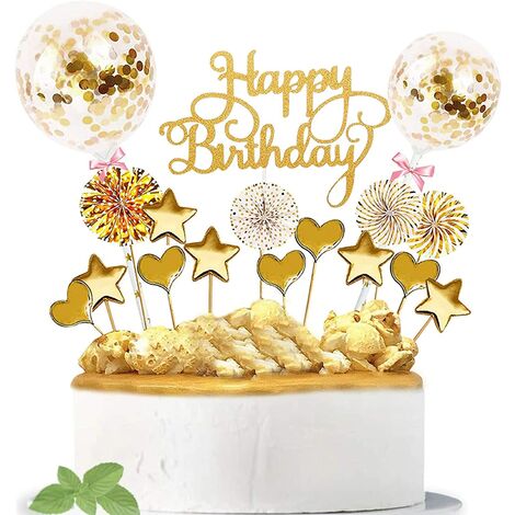 17 pièces Decoration Gateau Anniversaire,Joyeux Anniversaire Cake Topper,Cake topper gâteau d'anniversaire,Happy Birthday Cake Topper,pour Décorer Gâteau d'anniversaire Fête (Or)