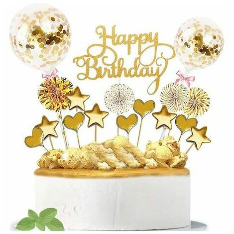 17 pièces Decoration Gateau Anniversaire,Joyeux Anniversaire Cake Topper,Cake topper gâteau d'anniversaire,Happy Birthday Cake Topper,pour Décorer Gâteau d'anniversaire Fête (Or)