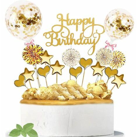 17 pièces Decoration Gateau Anniversaire,Joyeux Anniversaire Cake Topper,Cake topper gâteau d'anniversaire,Happy Birthday Cake Topper,pour Décorer Gâteau d'anniversaire Fête (Or)