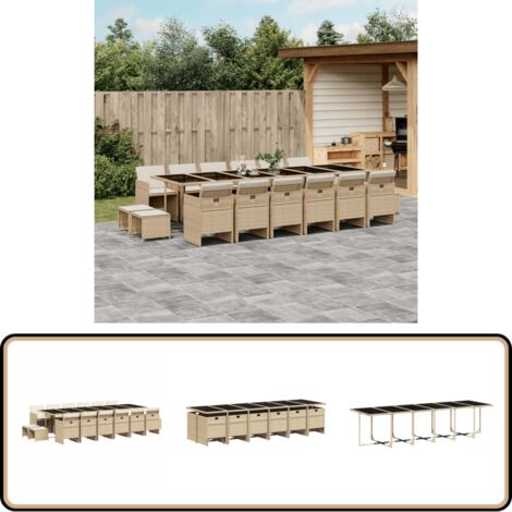17-tlg. Garten-Essgruppe mit Kissen Beige Poly Rattan - Gartengruppe - Gartenmöbel Set - Esstisch - Gartenstühle - Gartenhocker