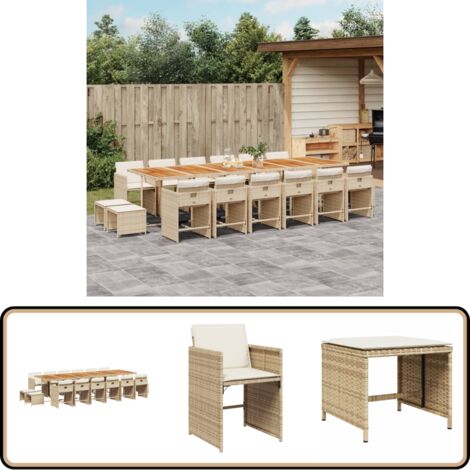 17-tlg. Garten-Essgruppe mit Kissen Beige Poly Rattan - Gartenmöbel Set - Gartentisch - Gartenstühle - Gartenhocker - Rattan Möbel