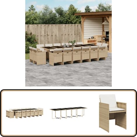 17-tlg. Garten-Essgruppe mit Kissen Beige Poly Rattan - Gartentisch - Gartenmöbel Set - Outdoor Möbel - Esstisch - Gartenstühle