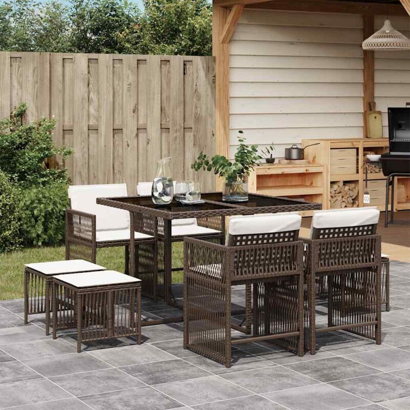 9-tlg. Garten-essgruppe Mit Kissen Braun Poly Rattan - Vidaxl