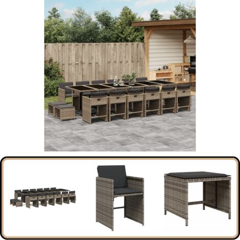 17-tlg. Garten-Essgruppe mit Kissen Grau Poly Rattan - Gartenmöbel Set - Gartentisch - Gartenstühle - Gartenhocker - Rattan Möbel